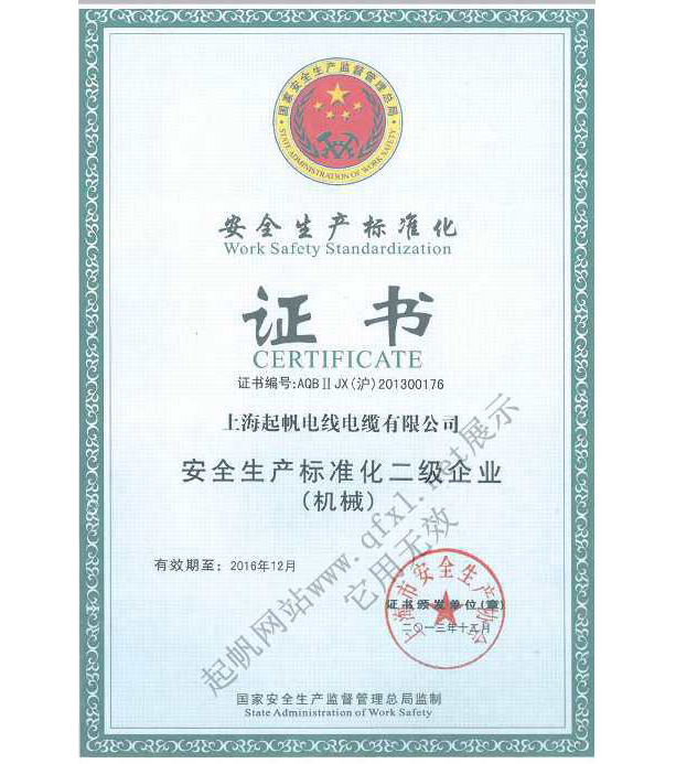 上海起帆電纜·安全生產標準化二級企業